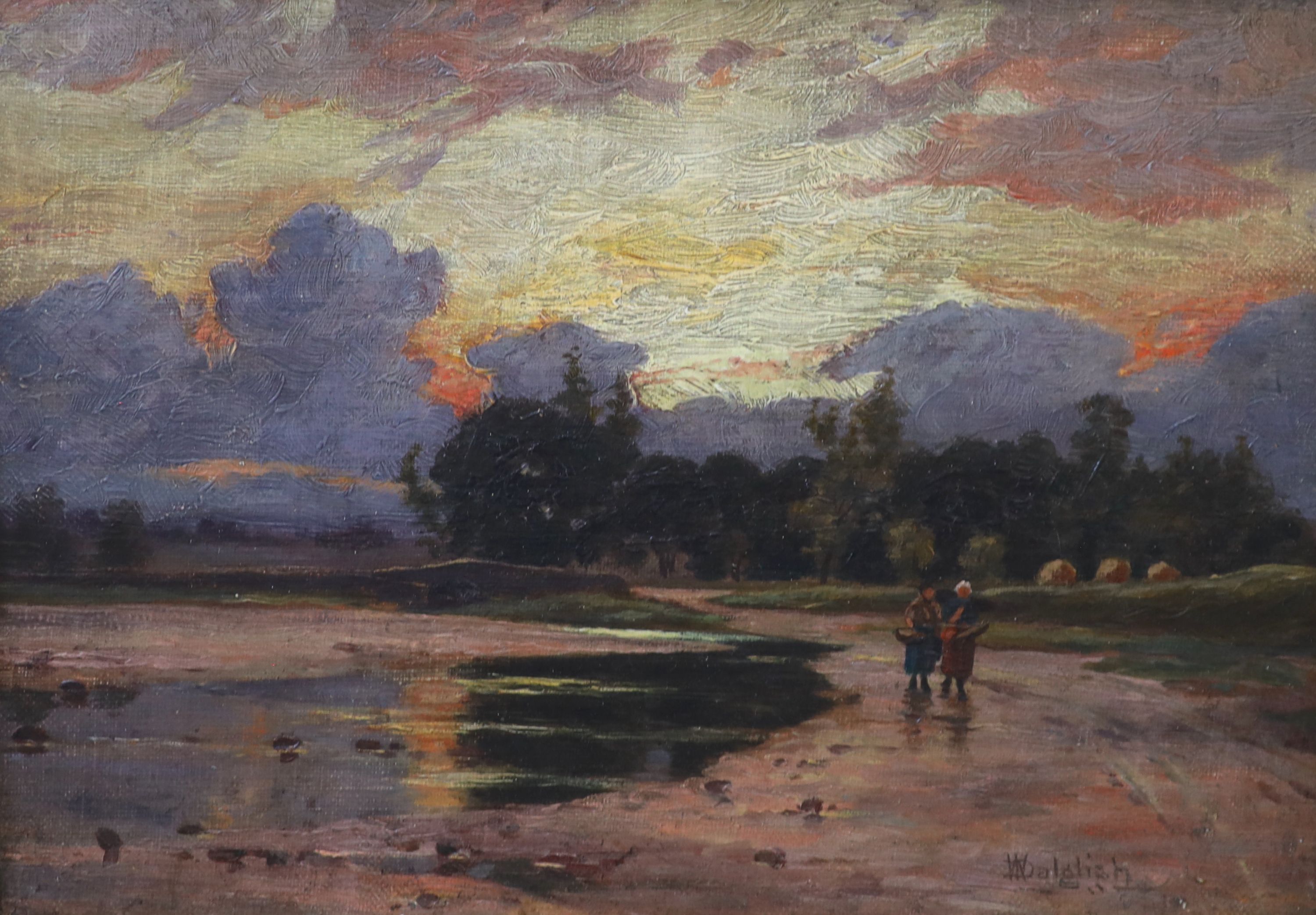 William Dalgleish (1860-1909), Figures in a landscape at sunset, Oil on canvas, 19 x 27cm.